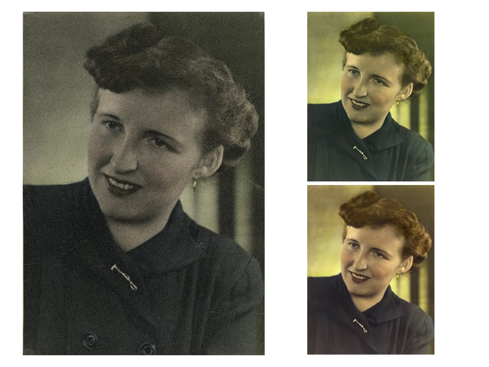 Das Original eines historischen Schwarz-Weiß-Porträts einer Frau (links) wird neben zwei Beispielen der digitalen Nachkolorierung (rechts) präsentiert, welche die verbesserte Darstellung und die neue Farbgebung des Bildes hervorheben, als Beispiel für die Reproduktions- und Kolorierungsdienste.